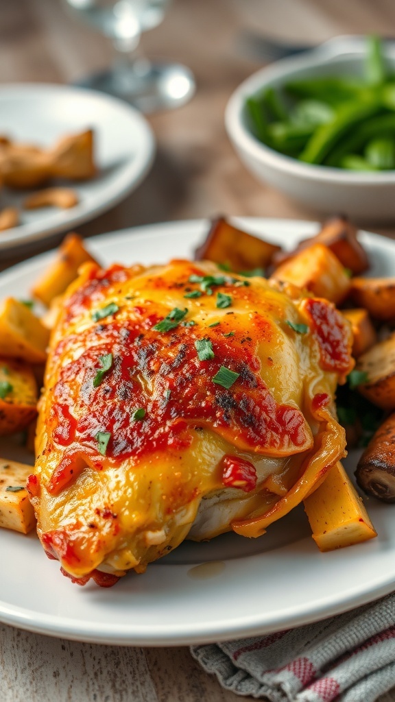 Ninja Foodi Air Fryer Chicken Dinner Recipe Crispy air fryer chicken thigh on a plate with roasted vegetables, garnished with herbs.